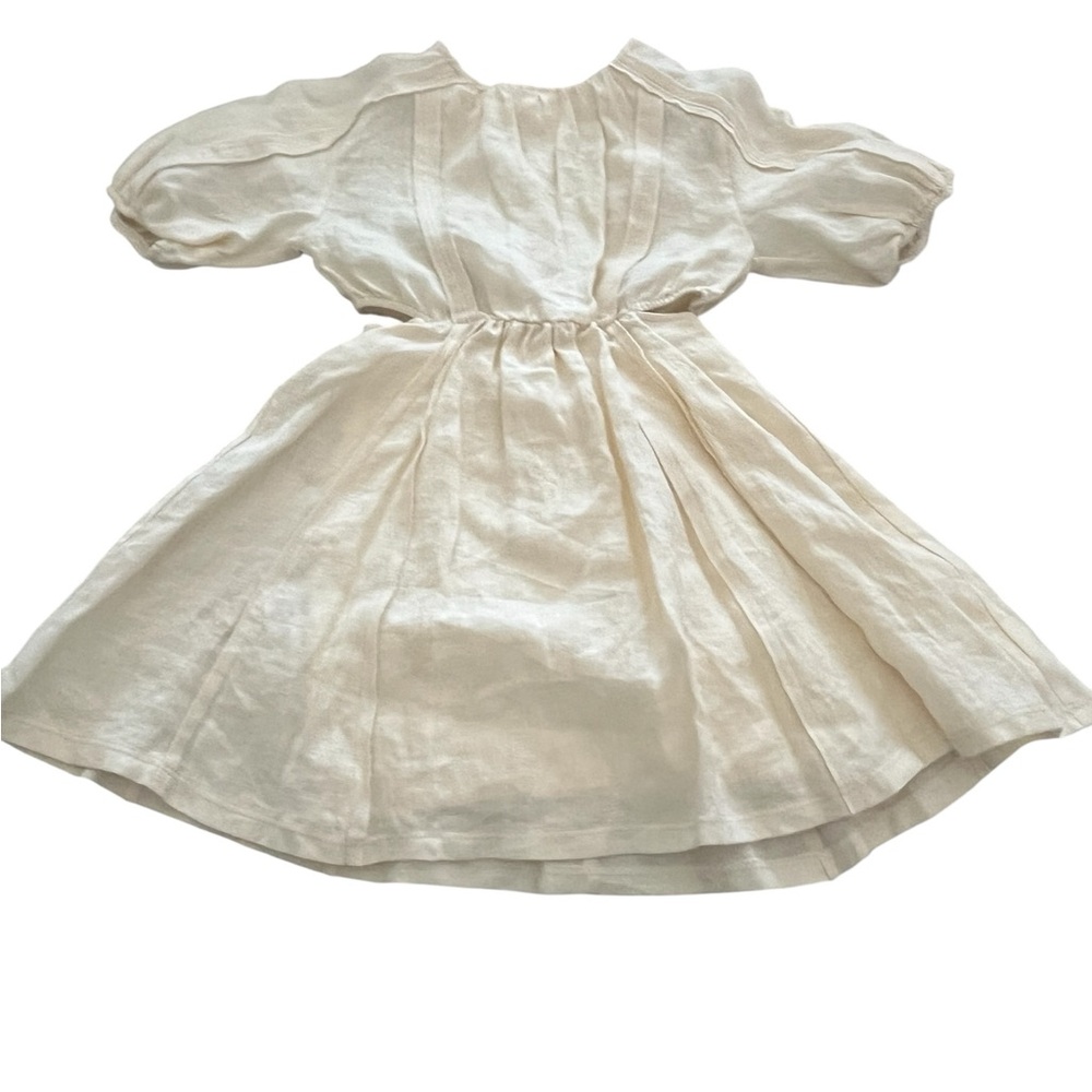 Zara Girls Size 7 100% Linen Side Cutout Dress Cream Lined Puff‎ Sleeve